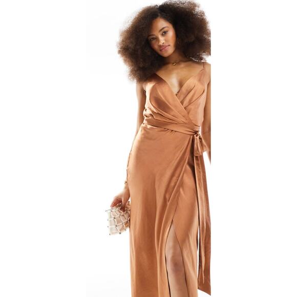 ASOS V Neck Satin Cami Wrap Midi Dress Chocolate Brown Womens Size 4 New - Picture 3 of 14